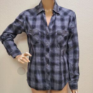 PANHANDLE ROUGH STOCK women's WESTERN SHIRT COWGIRL LUREX RHINESTONES SNAPS sz M